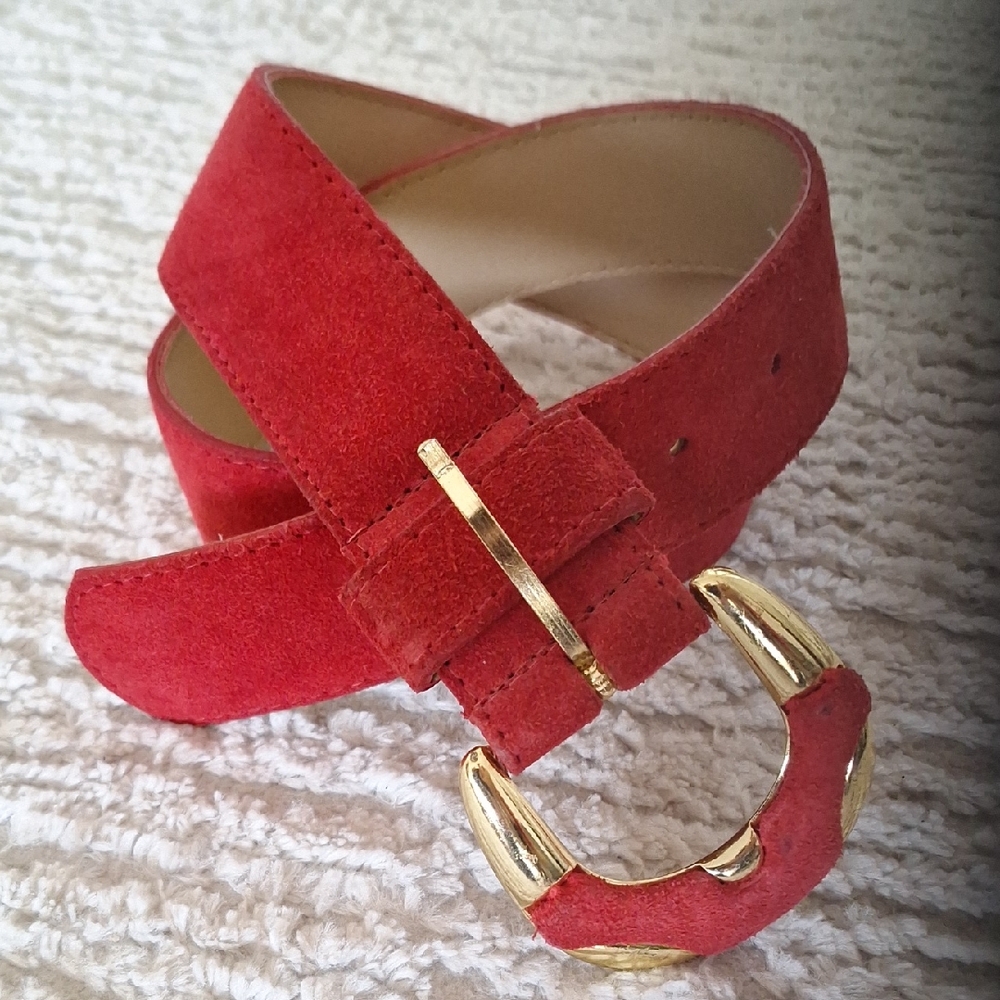 Vintage Red Suede Belt with Gold Buckle